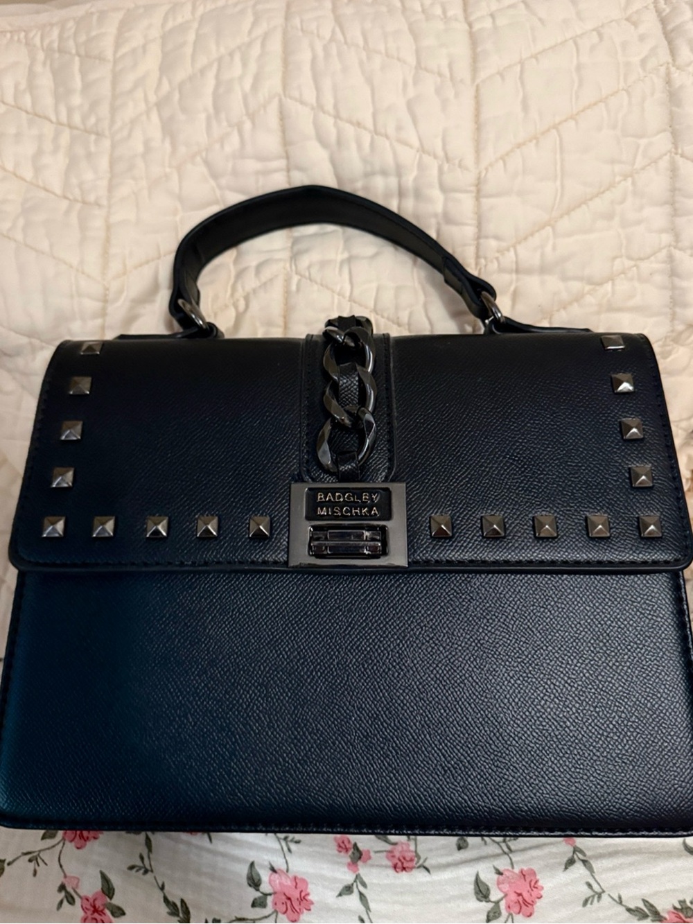 Badgley Mischka Black Studded Top Handle Satchel